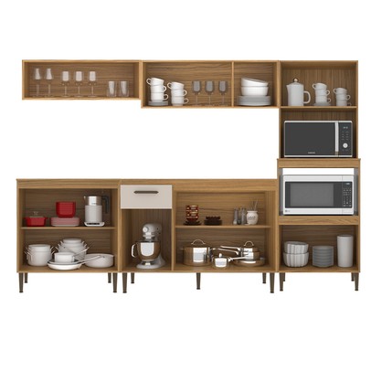 Armário de Cozinha Boston com Balcão para Pia 13 Portas 1 Gaveta Ipê/Cristalo - Pnr Móveis