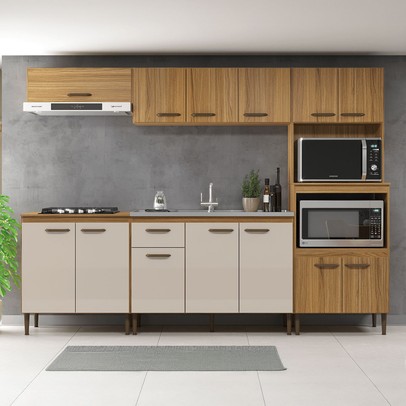 Armário de Cozinha Boston com Balcão para Pia 13 Portas 1 Gaveta Ipê/Cristalo - Pnr Móveis