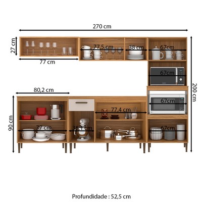 Armário de Cozinha Boston com Balcão para Pia 13 Portas 1 Gaveta Ipê/Cristalo - Pnr Móveis