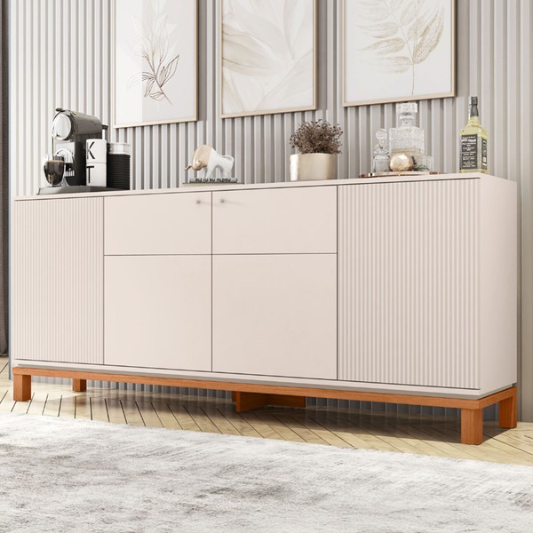 Balcão Buffet Mondriant 4 Portas Ripado 3d Off White/Freijó - Caemmun