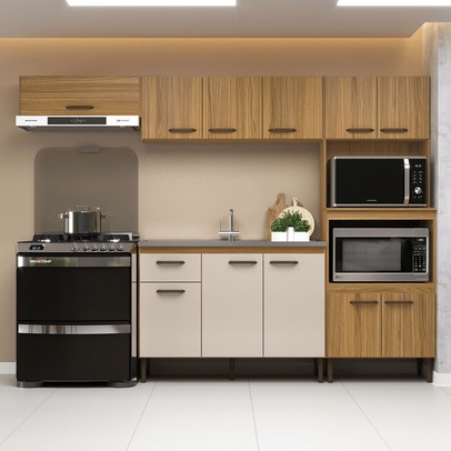 Armário de Cozinha Boston com Balcão para Pia 11 Portas 1 Gaveta Ipê/Cristalo - Pnr Móveis