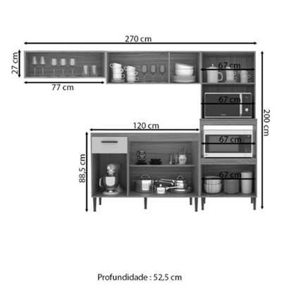 Armário de Cozinha Boston com Balcão para Pia 11 Portas 1 Gaveta Ipê/Cristalo - Pnr Móveis