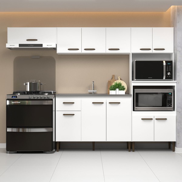 Armário de Cozinha Boston com Balcão para Pia 11 Portas 1 Gaveta Branco - Pnr Móveis