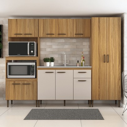 Armário de Cozinha Boston com Balcão para Pia 12 Portas 1 Gaveta Ipê/Cristalo - Pnr Móveis