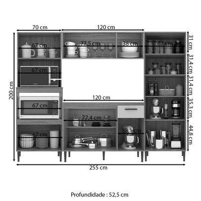 Armário de Cozinha Boston com Balcão para Pia 12 Portas 1 Gaveta Ipê/Cristalo - Pnr Móveis