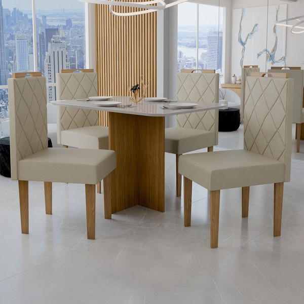 Mesa de Jantar 4 Lugares Madrid Tampo com Vidro Cinamomo/Off White/Cristal - Panorama Móveis