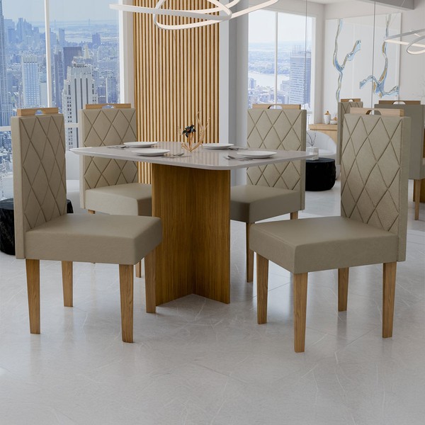Mesa de Jantar 4 Lugares Madrid Tampo com Vidro Cinamomo/Off White/Pérola - Panorama Móveis