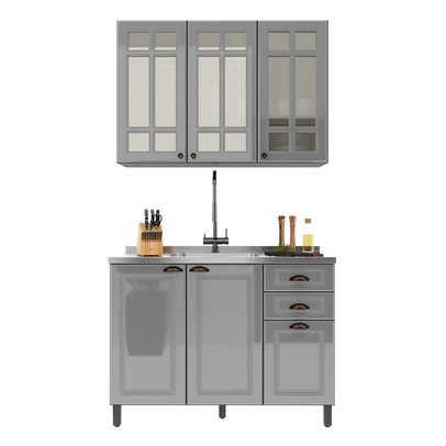 Cozinha Compacta Firenze 6 Portas 2 Gavetas com Vidro 6171.159 Chumbo/Titânio - Indékes