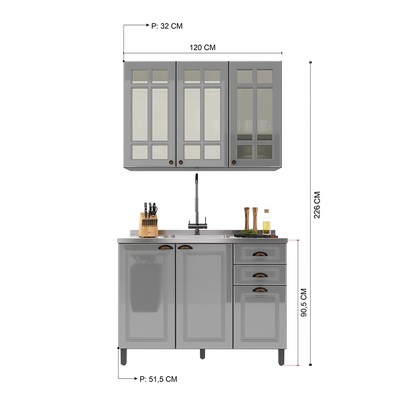 Cozinha Compacta Firenze 6 Portas 2 Gavetas com Vidro 6171.159 Chumbo/Titânio - Indékes