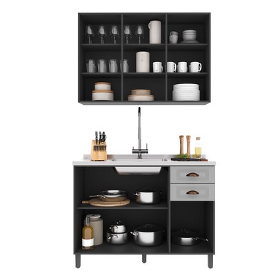 Cozinha Compacta Firenze 6 Portas 2 Gavetas com Vidro 6171.159 Chumbo/Titânio - Indékes