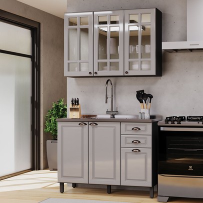 Cozinha Compacta Firenze 6 Portas 2 Gavetas com Vidro 6171.159 Chumbo/Titânio - Indékes
