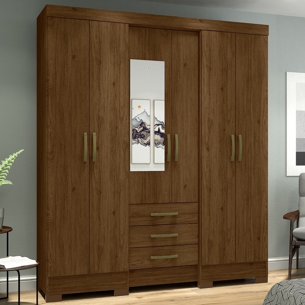 Guarda-Roupa Casal 6 Portas 3 Gavetas Castanho Hp Lírio - Pnr Móveis