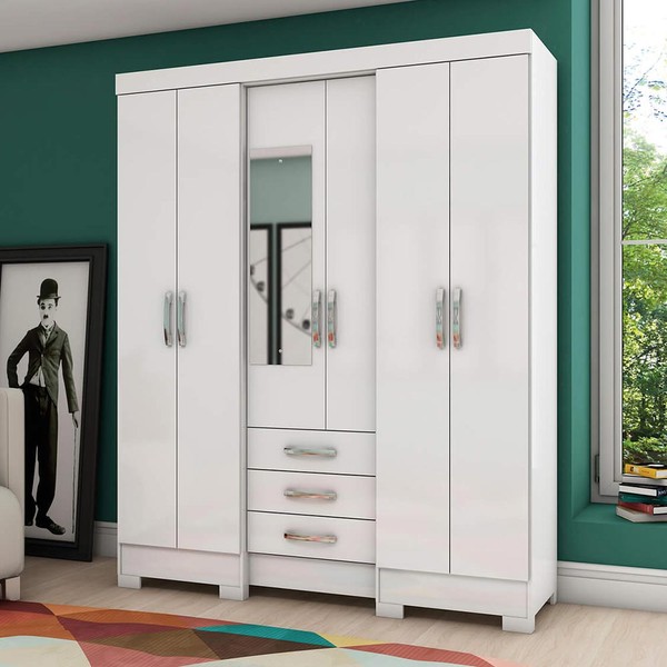 Guarda-Roupa Solteiro 6 Portas 3 Gavetas Branco Lírio - Pnr Móveis