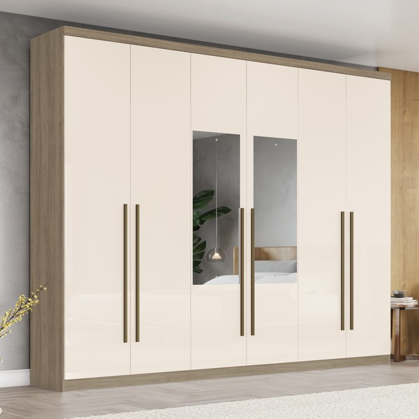 Guarda-Roupa Casal Ravé 6 Portas 3 Gavetas com Espelho Rústico/Off White - Pnr Móveis