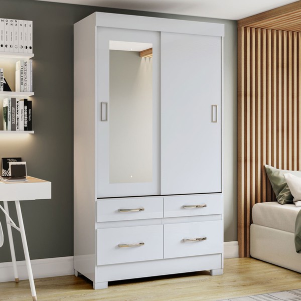 Guarda-Roupa Solteiro évora 2 Portas 4 Gavetas com Espelho Flex Branco/Rosa - Pnr Móveis