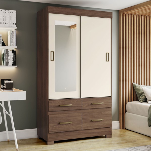 Guarda-Roupa Solteiro évora 2 Portas 4 Gavetas com Espelho Flex Off White/Castanho - Pnr Móveis