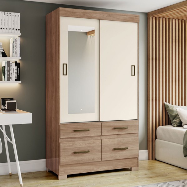 Guarda-Roupa Solteiro évora 2 Portas 4 Gavetas com Espelho Flex Off White/Jequitibá - Pnr Móveis