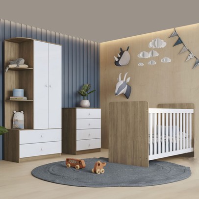 Quarto de Bebê Completo Smile 2 Portas 6 Gavetas Rústico/Branco - Pnr Móveis