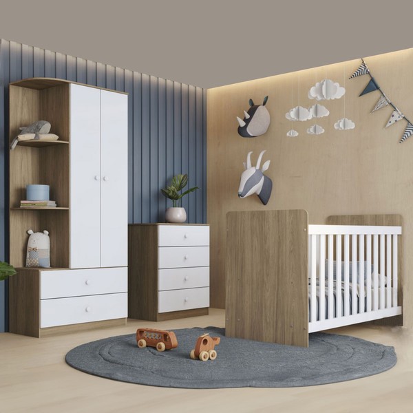 Quarto de Bebê Completo Smile 2 Portas 6 Gavetas Rústico/Branco - Pnr Móveis