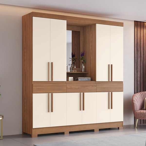 Guarda-Roupa Casal Gael 10 Portas 3 Gavetas com Espelho Nature/Off White - Pnr Móveis