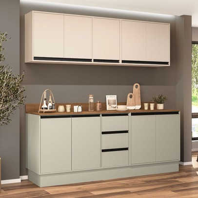 Cozinha Completa áurea 9 Portas 3 Gavetas Verde Oliva/Creme - Politorno