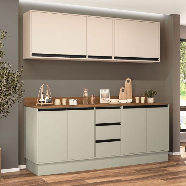 Cozinha Completa áurea 9 Portas 3 Gavetas Verde Oliva/Creme - Politorno