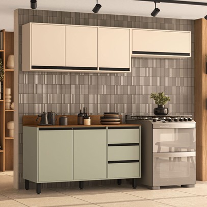 Cozinha Completa Oliva 6 Portas 3 Gavetas Verde Oliva/Creme - Politorno