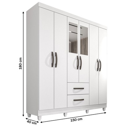 Guarda-Roupa Casal Diamante 6 Portas 2 Gavetas com Espelho Branco - Pnr Móveis
