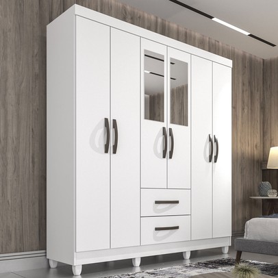 Guarda-Roupa Casal Diamante 6 Portas 2 Gavetas com Espelho Branco - Pnr Móveis
