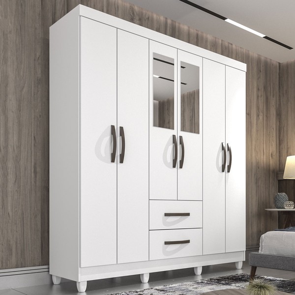 Guarda-Roupa Casal Diamante 6 Portas 2 Gavetas com Espelho Branco - Pnr Móveis