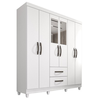 Guarda-Roupa Casal Diamante 6 Portas 2 Gavetas com Espelho Branco - Pnr Móveis