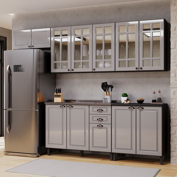 Cozinha Completa Firenze 12 Portas 2 Gavetas com Vidro 6171.166 Chumbo/Titânio - Indékes