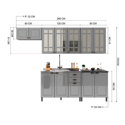Cozinha Completa Firenze 12 Portas 2 Gavetas com Vidro 6171.166 Chumbo/Titânio - Indékes