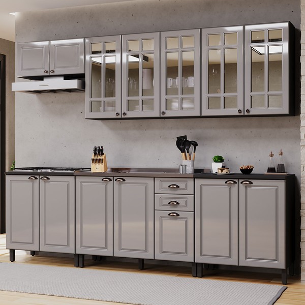 Cozinha Completa Firenze 14 Portas 2 Gavetas com Vidro 6171.168 Chumbo/Titânio - Indékes