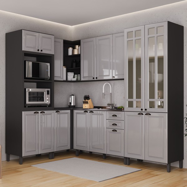 Cozinha Completa Firenze 16 Portas 2 Gavetas com Vidro 6171.170 Chumbo/Titânio - Indékes