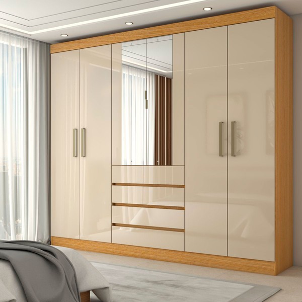 Guarda-Roupa Casal Dínamo 6 Portas 4 Gavetas com Espelho Cinamon/Off White - Panorama Móveis