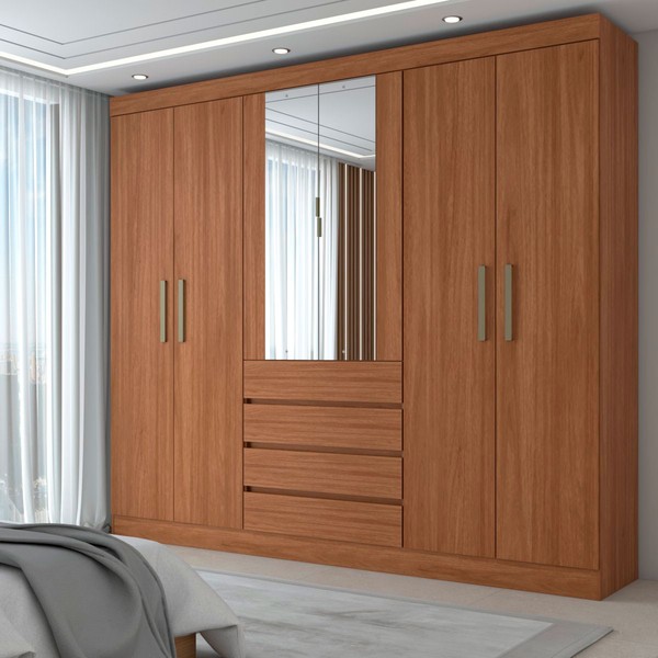 Guarda-Roupa Casal Dínamo 6 Portas 4 Gavetas com Espelho Nogueira Touch - Panorama Móveis