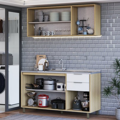 Cozinha Compacta Helena 120 Cm Helena 6 Portas 2 Gavetas Castanho/Off White - Panorama Móveis