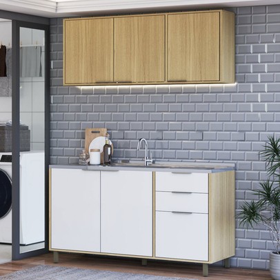 Cozinha Compacta Helena 120 Cm Helena 6 Portas 2 Gavetas Castanho/Off White - Panorama Móveis