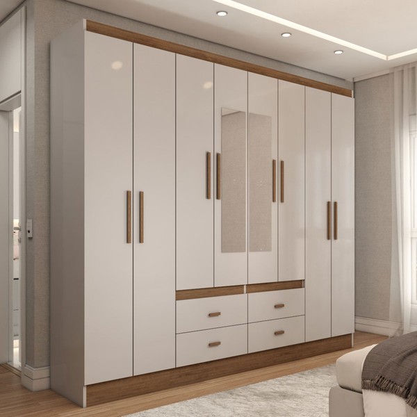 Guarda-Roupa de Casal Cassino 8 Portas 4 Gavetas 100% Mdf Lunar/Nogueira - Panorama Móveis