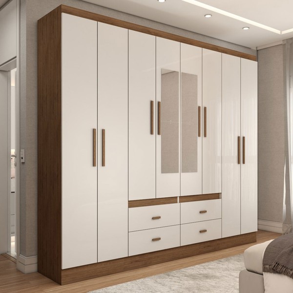 Guarda-Roupa de Casal Cassino 8 Portas 4 Gavetas 100% Mdf  Off White Nogueira - Panorama Móveis