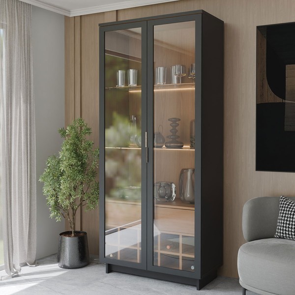 Cristaleira Afrodite 2 Portas 1 Gaveta Preto Fosco/Noce Milano - Panorama Móveis