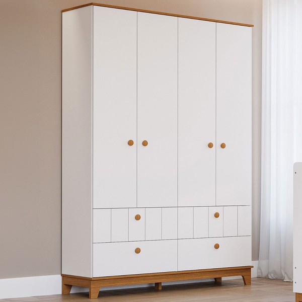 Guarda-Roupa de Bebê Biscoito 4 Portas 4 Gavetas Branco Acetinado/Nature - Permóbili