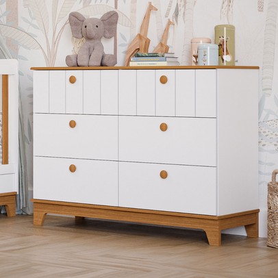 Cômoda de Bebê Biscoito 6 Gavetas 100% Mdf Branco Acetinado/Nature - Permóbili