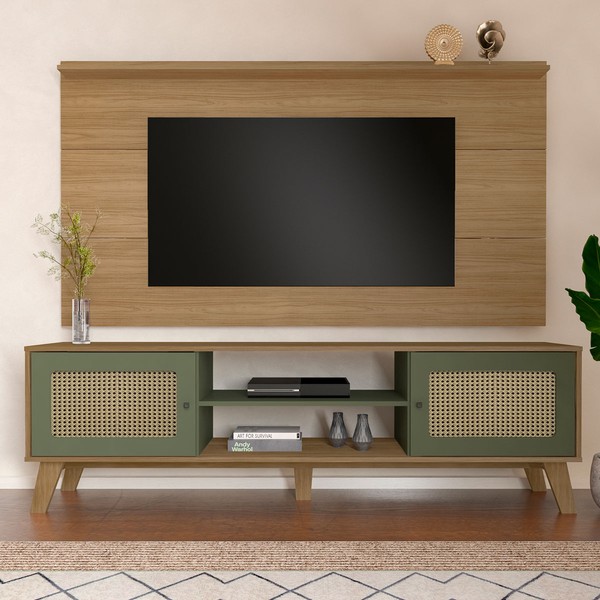 Rack com Painel para TV Até 75 Polegadas Tauari C/ Suporte para TV 2 Portas Carvalho/Menta - Pnr Móveis