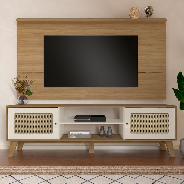Rack com Painel para TV Até 75 Polegadas Tauari C/ Suporte para TV 2 Portas Carvalho/Off White - Pnr Móveis
