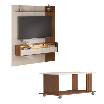 Sala de Estar Completa Angelim para TV Até 65 Polegadas 1 Porta Basculante com Led Cinamomo/Off White - Pnr Móveis