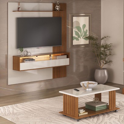 Sala de Estar Completa Angelim para TV Até 65 Polegadas 1 Porta Basculante com Led Cinamomo/Off White - Pnr Móveis