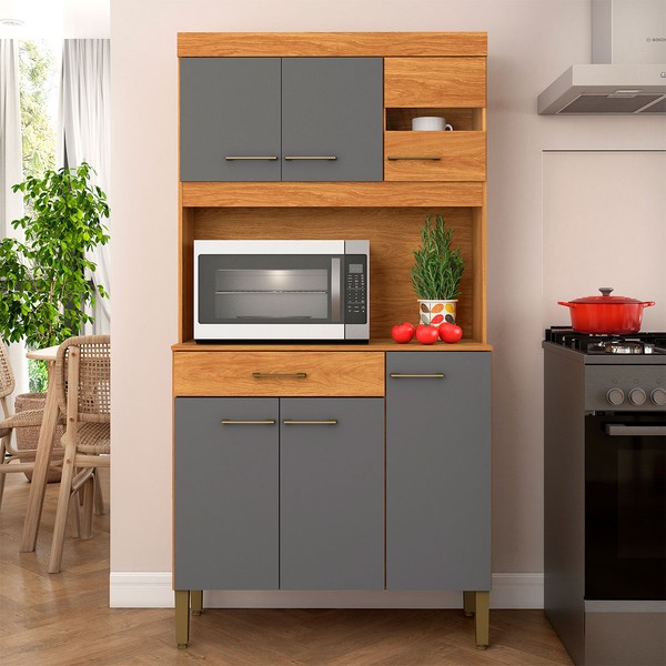 Armário de Cozinha Carla 6 Portas 1 Gaveta Cinamomo/Grafite - Fellicci