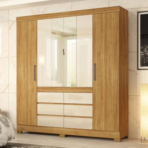 Guarda-Roupa Casal Cádis 4 Portas 6 Gavetas com Espelho Cinamon/Off-White - Demóbile